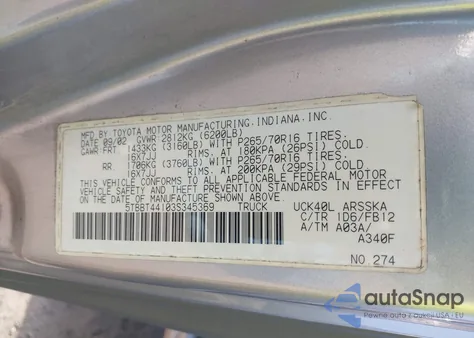 2003 Toyota Tundra Sr5 V8 z USA, uszkodzony, nr VIN 5TBBT44103S345369